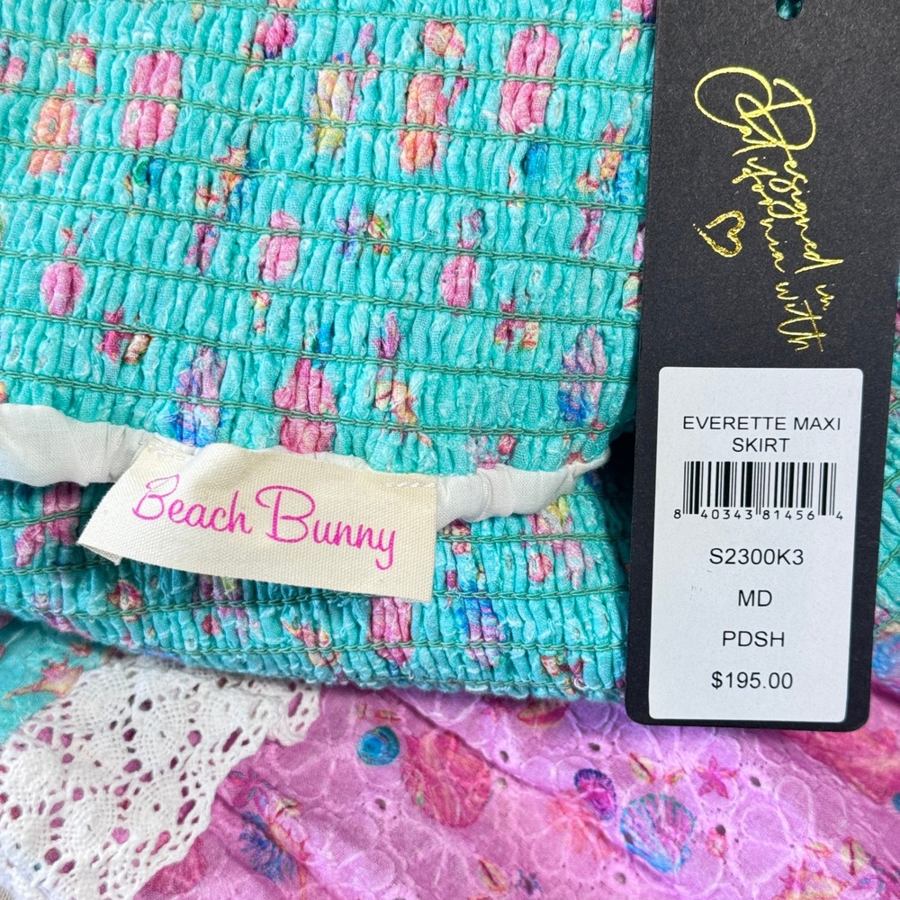 Beach Bunny Everette Maxi Skirt Teal Pink Seashell Eyelet Lace Smocked Boho NWT - Picture 5 of 13